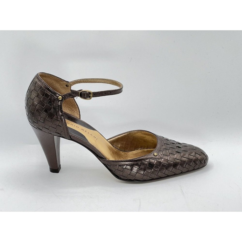 Antonio Melani Brown Leather Strappy Woven Pump Heels Size 8.5 M - Picture 2 of 11